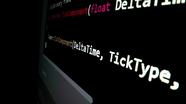 Closeup macro shot movement of coding script moving across LED screen with real-time AI-generated typing, showcasing advanced AI learning in optimization, debug and coding for software development.