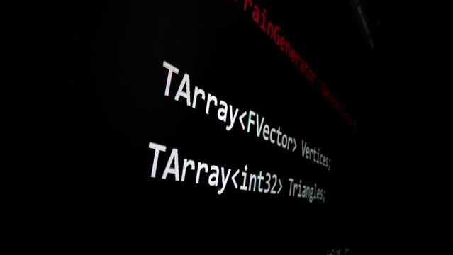 Closeup macro shot movement of coding script moving across LED screen with real-time AI-generated typing, showcasing advanced AI learning in optimization, debug and coding for software development.