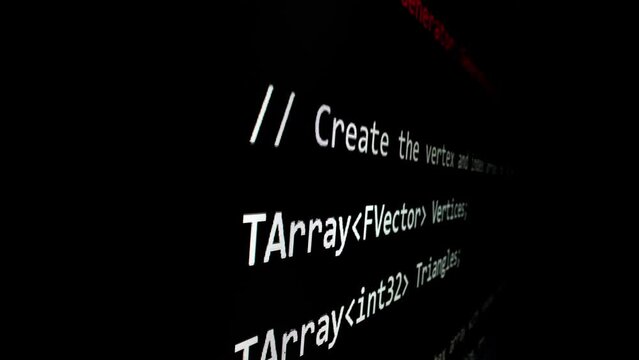 Closeup macro shot movement of coding script moving across LED screen with real-time AI-generated typing, showcasing advanced AI learning in optimization, debug and coding for software development.