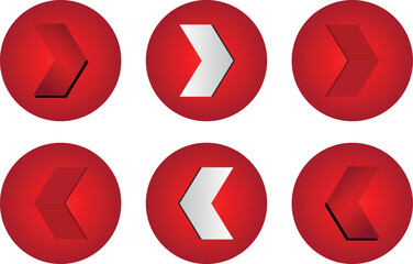Flat icons collection right and left arrow with shadow on red circle.  Arrows with shadow on red circle.