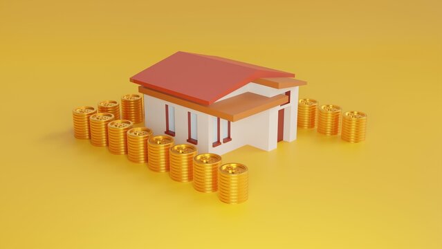 3D rendering. illustration. Houses over piles of coins. Free photo planning savings money of coins to buy a home.