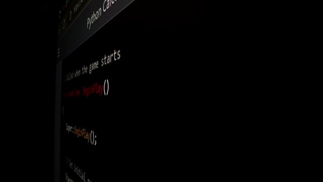 Closeup macro shot movement of coding script moving across LED screen with real-time AI-generated typing, showcasing advanced AI learning in optimization, debug and coding for software development.