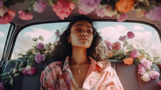 Young adult woman sitting in a car full of flowers. Generative Ai image