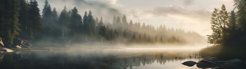 A beautiful forest lake with morning haze over the water in the rays of the morning sun. High quality illustration Generative AI