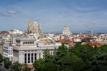 Fototapeta na wymiar Aerial view of downtown Madrid Skyline with Gran Via and Plaza de Espana Buildings - Madrid, Spain