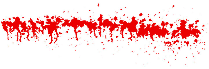 Bunch of red paint blots with leaks on white background. Scarlet blood or sauce splash on wall. Watercolor spatter texture. Abstract vector illustration. Runny liquid ink. Horror grunge pattern