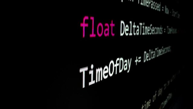 Closeup macro shot movement of coding script moving across LED screen with real-time AI-generated typing, showcasing advanced AI learning in optimization, debug and coding for software development.