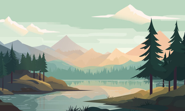 Beautiful vector landscape illustration, peaceful warm sunrise over mountains, lake and forest. The concept of travel, hiking, outdoor activities and adventure. 