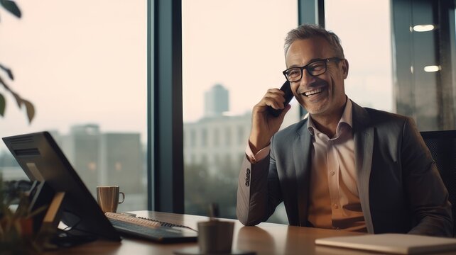 Happy middle aged businessman in office talking on mobile phone near window and smiling. AI generated. Generative AI