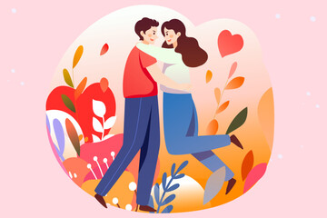 520, valentines day couple dating together, background with bouquet and plants, vector illustration
