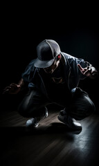 Fototapeta na wymiar Stylish hip hop person in dark. Cool trendy man in motion. generative ai.