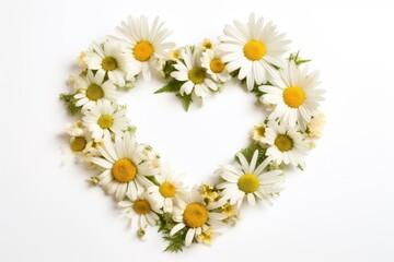 Obraz premium daisies forming shape of a heart on white background. flat lay, place for text. Peace. Heart shaped chamomile. High quality photo
