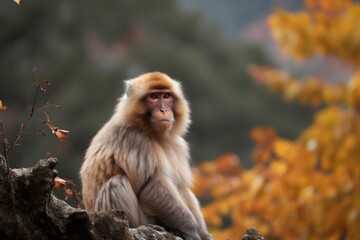 Macaque Monkey in wildlife sitting on a branch tree. High quality photo