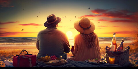 A couple enjoying a romantic sunset picnic on the beach Generative AI