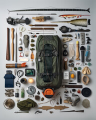 Big fishing inventory with backpack. Traveling equipment for adventure. generative ai.