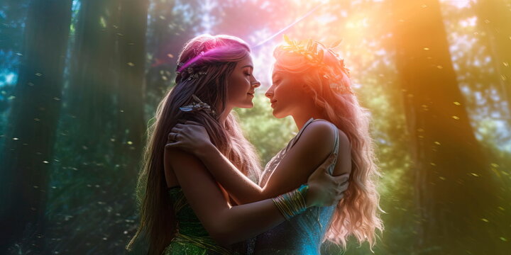 fairy and a mortal sharing a passionate embrace in a forest clearing . Generative AI