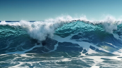 Naklejka premium Close up of high sea wave and blue sky background. Generative Ai.
