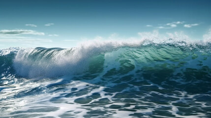 Obraz na płótnie Canvas Close up of high sea wave and blue sky background. Generative Ai.