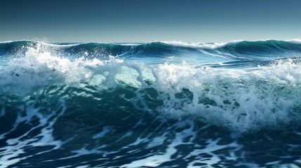 Fototapeta na wymiar Close up of high sea wave and blue sky background. Generative Ai.