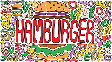 Hamburger Typography Doodle with Abstract Shapes in Colorful Style, Delicious and Tasty