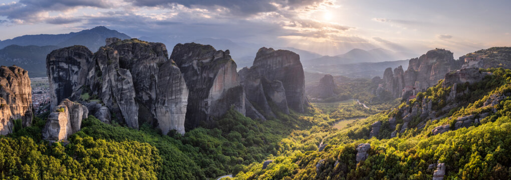 Meteora sunset panorama, Kalabaka, Greece