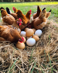 Farming hen organic food. Chicken eggs in basket. generative ai.