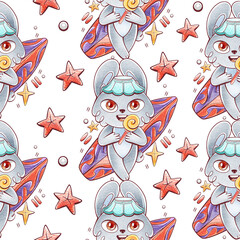 Pattern with cute hares on surfboards and starfish in cartoon style.