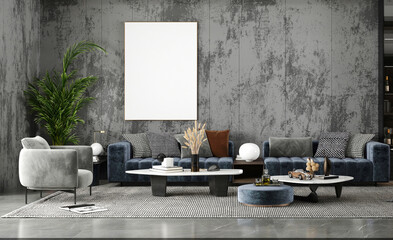 mock up poster frame in modern interior concrete modern indoor wallpaper, bar, ornamental plants, living room, luxury style, 3D rendering