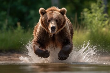 Plakat Large brown bear running through shallow water looking for fish. High quality photo