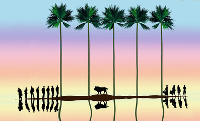 Tall palm trees and a sunbather on a white sand beach at sunset is the scene for a tropical vacation spot.