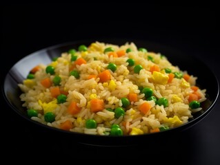 fried rice with diced carrots, peas, and scrambled eggs