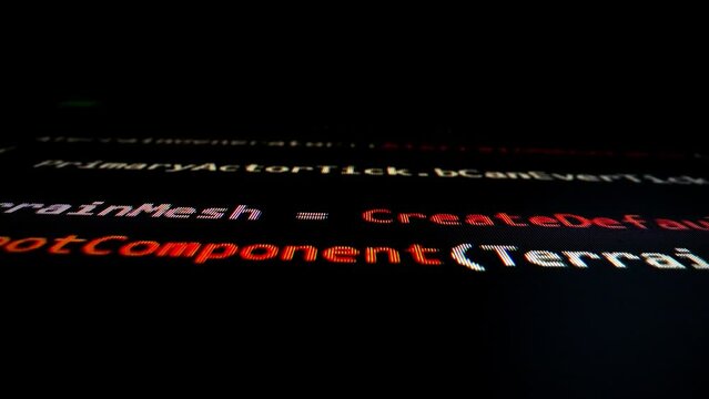 Closeup macro shot movement of coding script moving across LED screen with real-time AI-generated typing, showcasing advanced AI learning in optimization, debug and coding for software development.