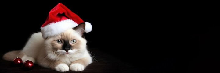 Christmas cat in red Santa Claus hat on black background looking at camera. Banner, place for text, copy space. Merry Christmas, happy new year