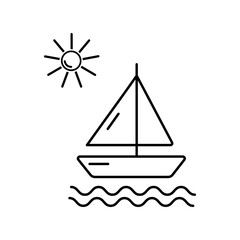 Vector.Icon.Sailboat.Sun.Waves.Sea.Banner, Poster. Black on White.Advertising.Packaging.Printing for Textile,Web Design,Social Media.Summer.Holiday.Beach.Vacation.Travel.Skating.Ocean .Water.Island.