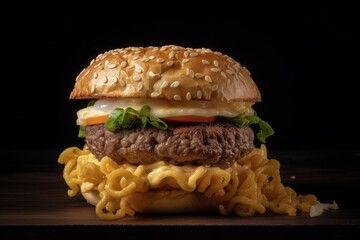 Ramen burger with a soft bun, juicy beef patty, and savory miso soup flavor
