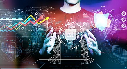 Artificial intelligence AI and Big data growing concept, Abstract Hand of human touching AI and machine learning on circuit board and binary AI data digital background, IoT, Technology and innovative