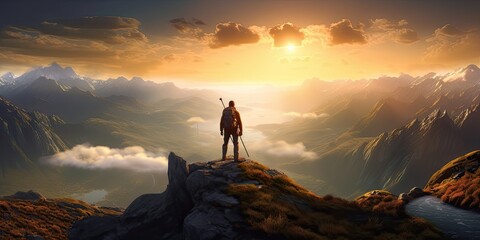 Fictional Hiker stands at the summit of a difficult mountain climb to be greeted with a beautiful view of the sunrise, Generative AI Technology
