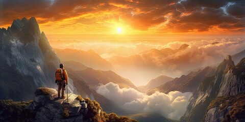 Fictional Hiker stands at the summit of a difficult mountain climb to be greeted with a beautiful view of the sunrise, Generative AI Technology