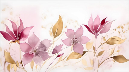 Abstract floral art background. Botanical watercolour hand painted pastel pink and gold flowers and leaves on white background. Ai generated