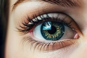 Fototapeta premium Green woman eye, super close, detailed realistic human eye, Generative AI