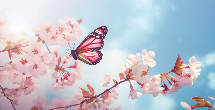 Blossoming Sakura brunches and butterfly on light blue sky background. Ai generated