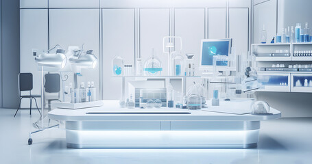 Obraz na płótnie Canvas Medical or scientific laboratory equipment in a light white and blue background, modern design. AI generated