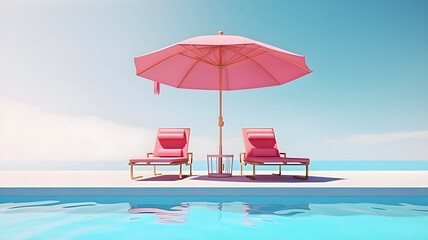 Fototapeta premium Swimming pool with pink beach umbrella and chairs by swimming pool. Pink summer vacation concept. AI generated