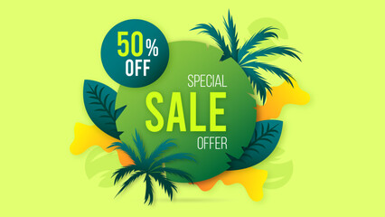 50 Percent Sale Banner. Special offer. Tropical style with palms and sunshine. Summer Sale Banner.