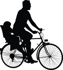 man riding bicycle with baby in child seat silhouette - vector artwork