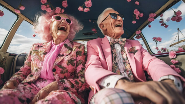 Elderly couple sitting in a car full of flowers. Generative Ai image