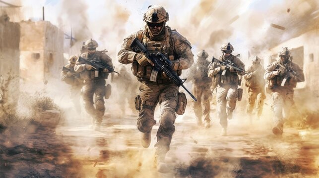 Fototapeta Modern warfare soldiers moving forward, Generative AI Technology