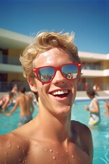 Blonde Guy With Red Sunglasses in Hotel Pool Photorealistic Illustration [Generative AI]