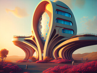 Obraz premium A futuristic hotel building with sleek, modern design, generative ai illustration