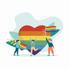 Homosexuals rejoice against the backdrop of a big heart and waving a rainbow flag, pride month, LGBTQ community, human rights. Vector flat illustration.
